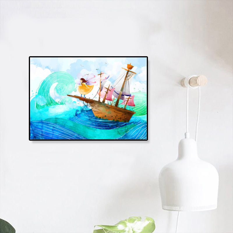 Kids Drawing Sailing Ship Canvas Wall Art Blue Adventure Wall Decor for Girls Room Clearhalo 'Art Gallery' 'Canvas Art' 'Kids' Arts' 1933050