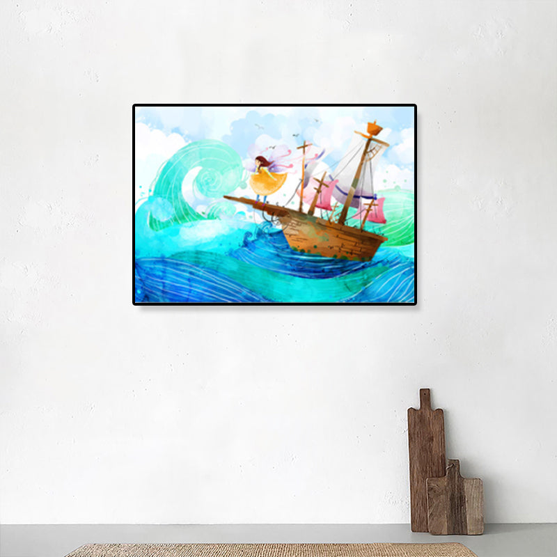 Kids Drawing Sailing Ship Canvas Wall Art Blue Adventure Wall Decor for Girls Room Clearhalo 'Art Gallery' 'Canvas Art' 'Kids' Arts' 1933051