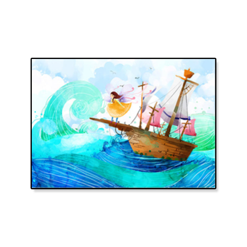 Kids Drawing Sailing Ship Canvas Wall Art Blue Adventure Wall Decor for Girls Room Clearhalo 'Art Gallery' 'Canvas Art' 'Kids' Arts' 1933052
