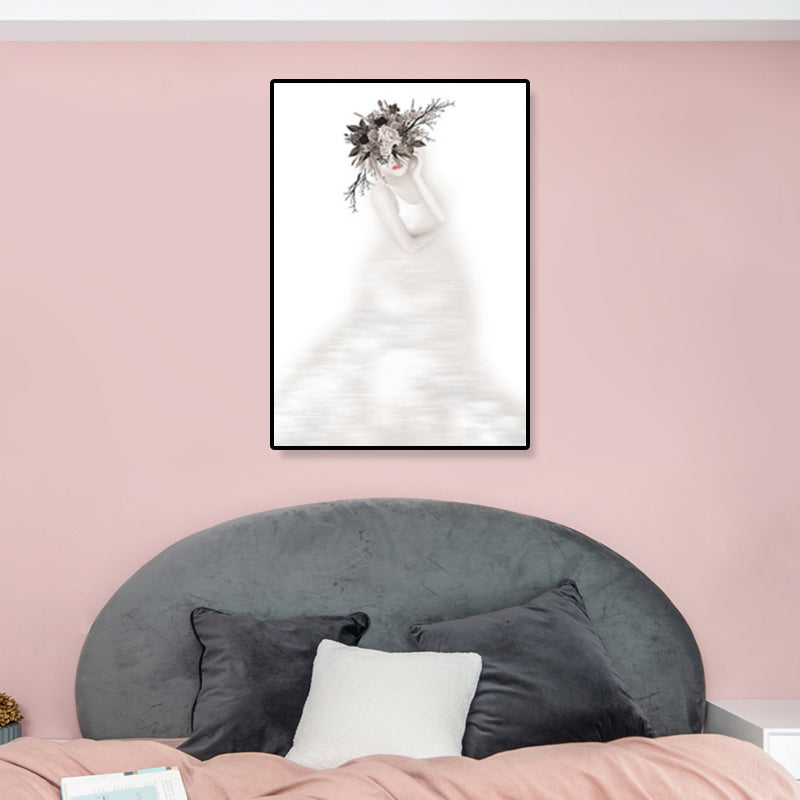 Grey Figure Portrait Wall Art Girl with Wreath Minimalist Textured Canvas Print for Bedroom Grey Clearhalo 'Art Gallery' 'Canvas Art' 'Contemporary Art Gallery' 'Modern' Arts' 1933064