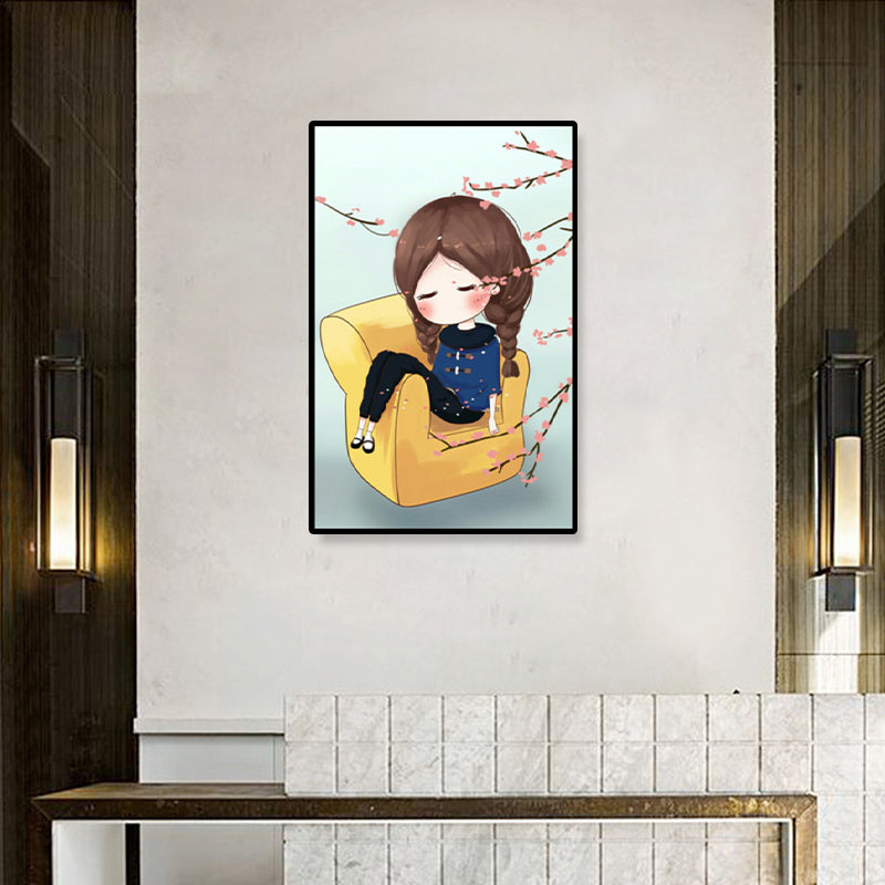 Cartoon Young Girl Art Print Soft Color Figure Drawing Canvas for Bedroom, Multiple Sizes Yellow Clearhalo 'Art Gallery' 'Canvas Art' 'Kids' Arts' 1933072