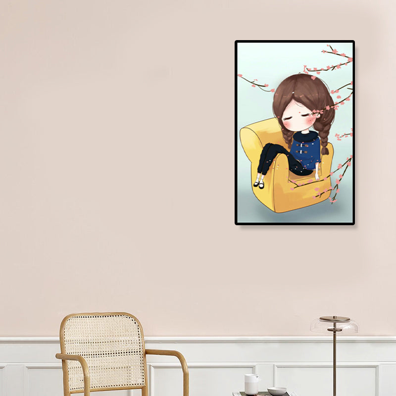 Cartoon Young Girl Art Print Soft Color Figure Drawing Canvas for Bedroom, Multiple Sizes Clearhalo 'Art Gallery' 'Canvas Art' 'Kids' Arts' 1933073