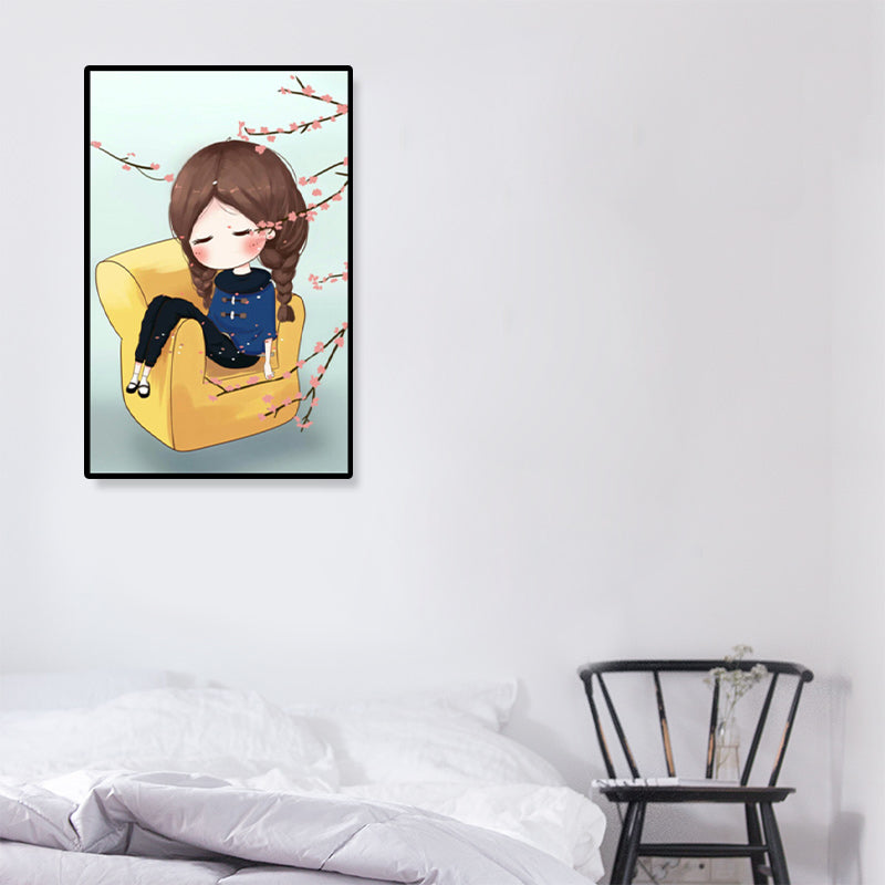 Cartoon Young Girl Art Print Soft Color Figure Drawing Canvas for Bedroom, Multiple Sizes Clearhalo 'Art Gallery' 'Canvas Art' 'Kids' Arts' 1933074