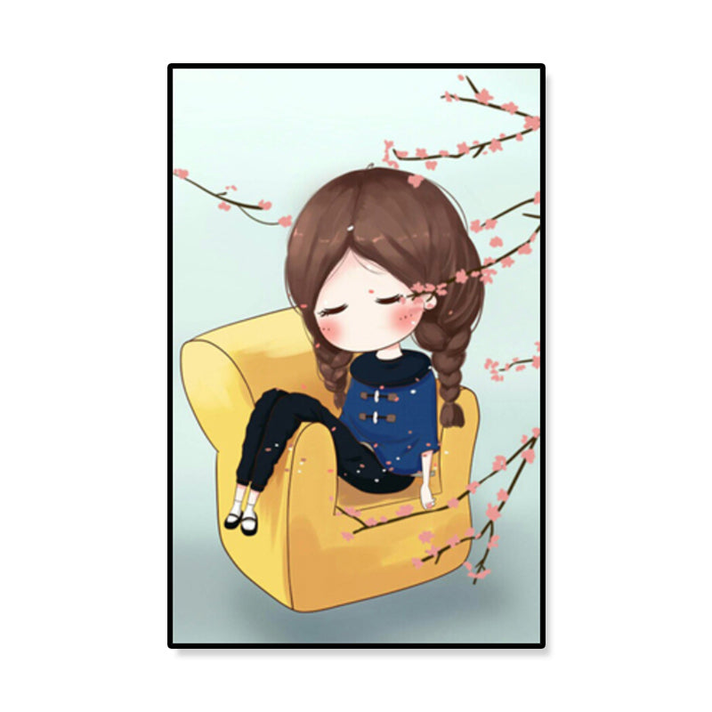 Cartoon Young Girl Art Print Soft Color Figure Drawing Canvas for Bedroom, Multiple Sizes Clearhalo 'Art Gallery' 'Canvas Art' 'Kids' Arts' 1933075