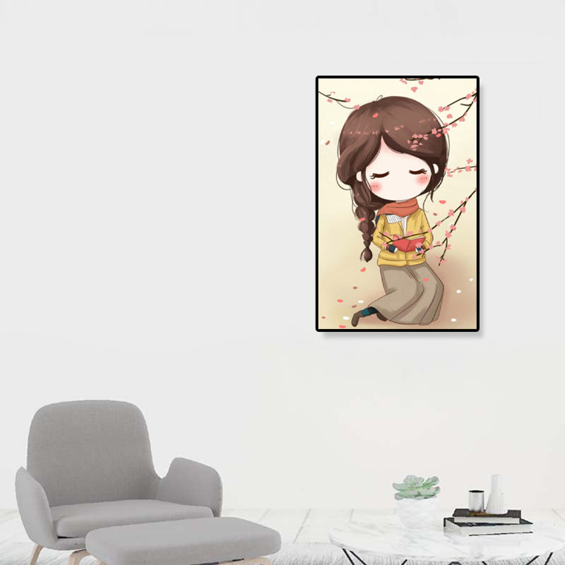 Cartoon Young Girl Art Print Soft Color Figure Drawing Canvas for Bedroom, Multiple Sizes Orange Clearhalo 'Art Gallery' 'Canvas Art' 'Kids' Arts' 1933083