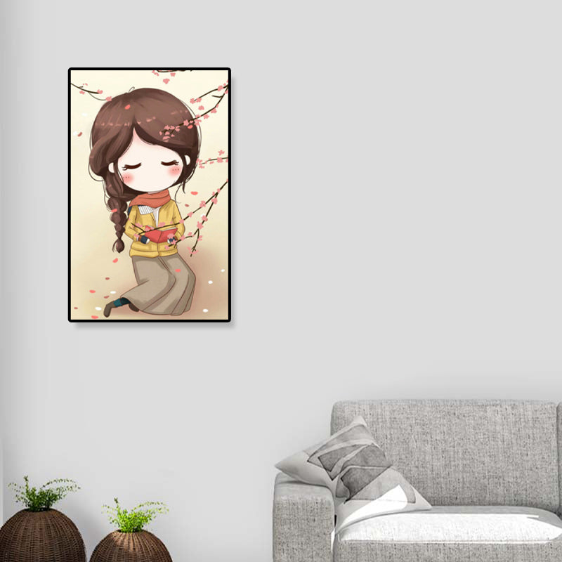 Cartoon Young Girl Art Print Soft Color Figure Drawing Canvas for Bedroom, Multiple Sizes Clearhalo 'Art Gallery' 'Canvas Art' 'Kids' Arts' 1933084