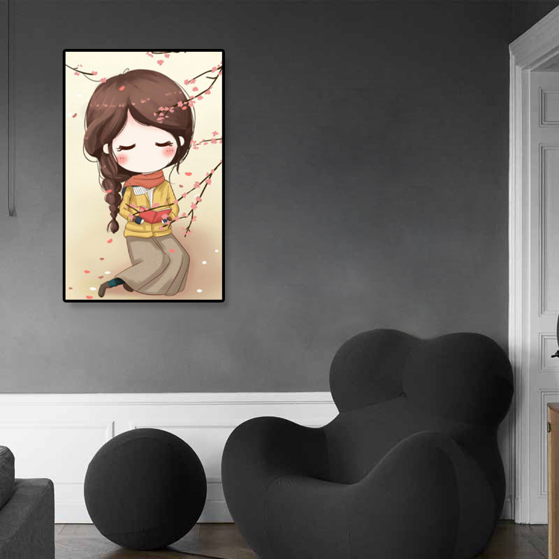 Cartoon Young Girl Art Print Soft Color Figure Drawing Canvas for Bedroom, Multiple Sizes Clearhalo 'Art Gallery' 'Canvas Art' 'Kids' Arts' 1933085