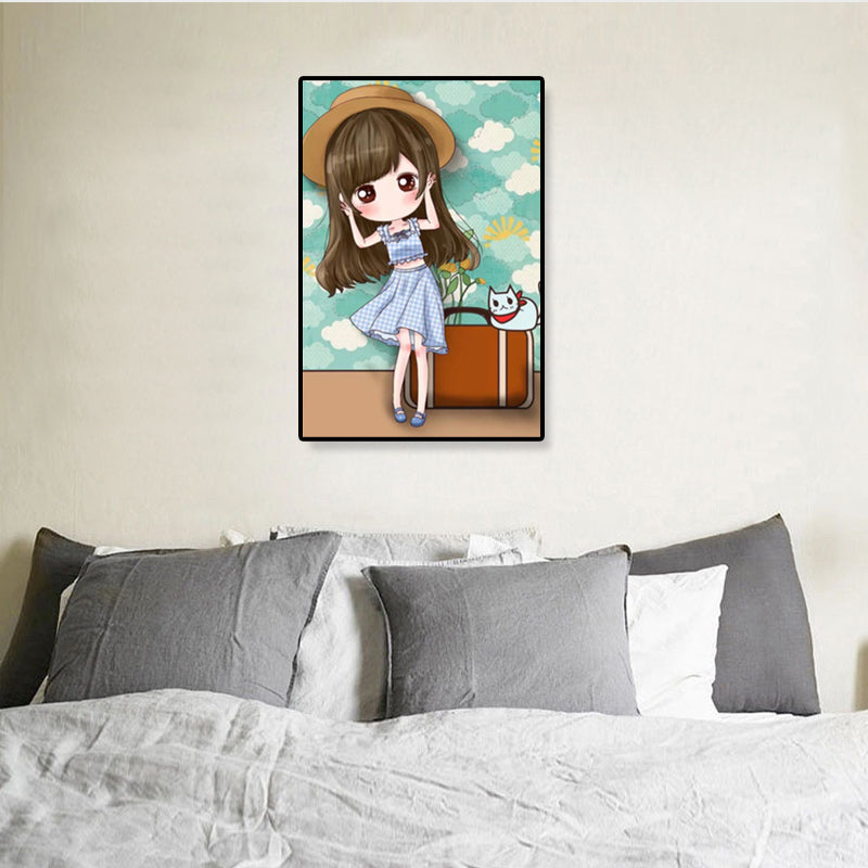 Cartoon Young Girl Art Print Soft Color Figure Drawing Canvas for Bedroom, Multiple Sizes Blue Clearhalo 'Art Gallery' 'Canvas Art' 'Kids' Arts' 1933091