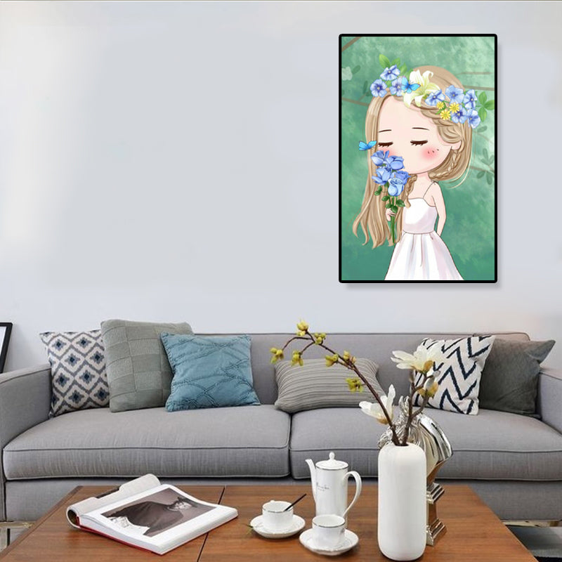 Cartoon Young Girl Art Print Soft Color Figure Drawing Canvas for Bedroom, Multiple Sizes Sky Blue Clearhalo 'Art Gallery' 'Canvas Art' 'Kids' Arts' 1933095