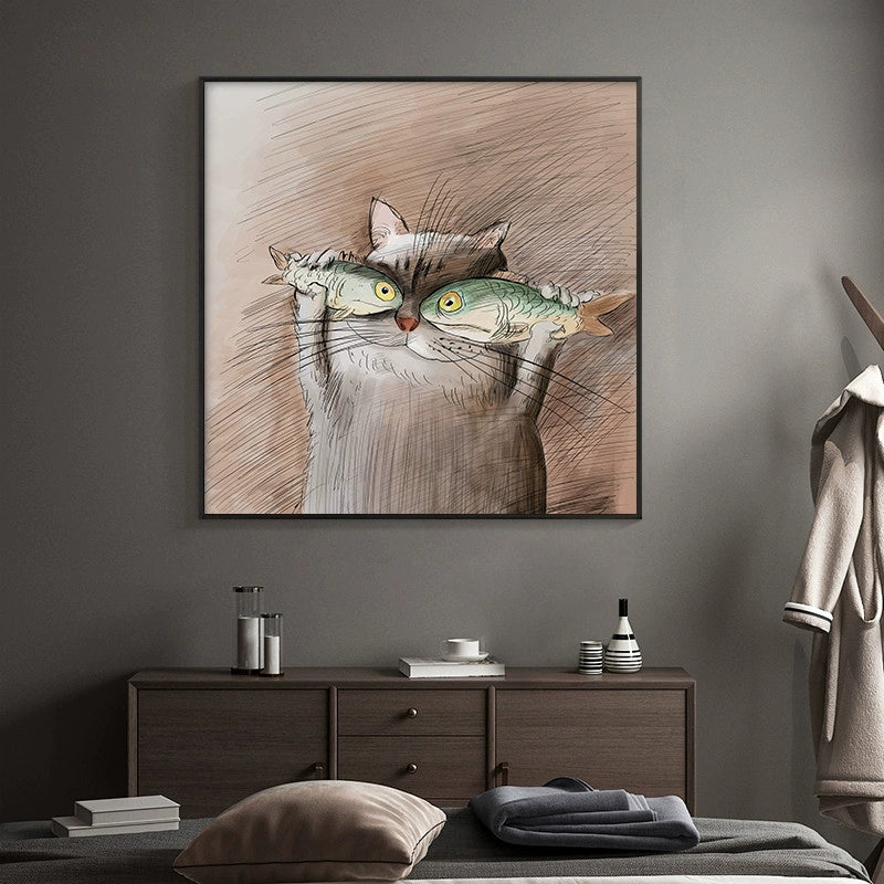 Kawaii Chubby Cat Canvas Art for Dining Room, Dark Color, Multiple Sizes Available Brown Clearhalo 'Art Gallery' 'Canvas Art' 'Kids' Arts' 1933160