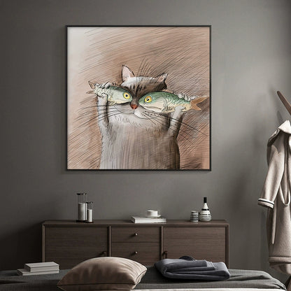 Kawaii Chubby Cat Canvas Art for Dining Room, Dark Color, Multiple Sizes Available Brown Clearhalo 'Art Gallery' 'Canvas Art' 'Kids' Arts' 1933160