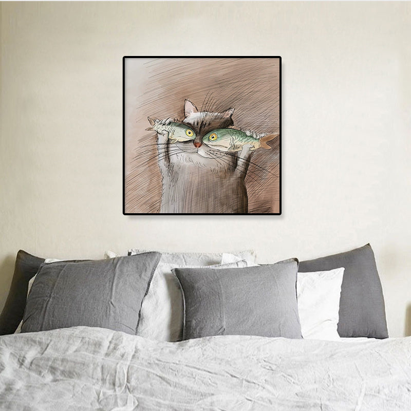 Kawaii Chubby Cat Canvas Art for Dining Room, Dark Color, Multiple Sizes Available Clearhalo 'Art Gallery' 'Canvas Art' 'Kids' Arts' 1933161