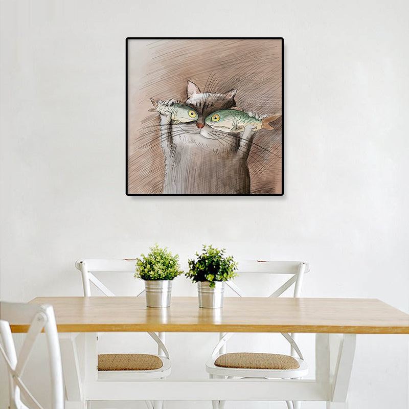 Kawaii Chubby Cat Canvas Art for Dining Room, Dark Color, Multiple Sizes Available Clearhalo 'Art Gallery' 'Canvas Art' 'Kids' Arts' 1933162