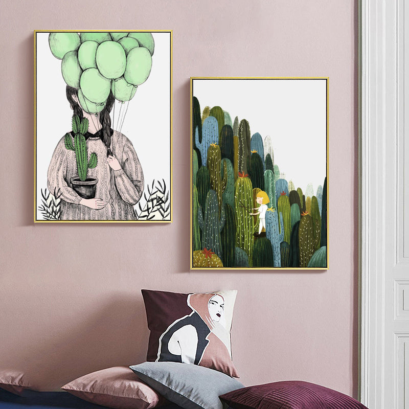 Girl and Cactus Wall Art Textured Contemporary Living Room Canvas Print in Soft Color Clearhalo 'Art Gallery' 'Canvas Art' 'Contemporary Art Gallery' 'Modern' Arts' 1933290