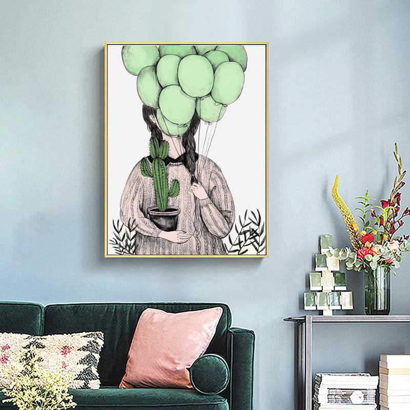 Girl and Cactus Wall Art Textured Contemporary Living Room Canvas Print in Soft Color Green Clearhalo 'Art Gallery' 'Canvas Art' 'Contemporary Art Gallery' 'Modern' Arts' 1933291