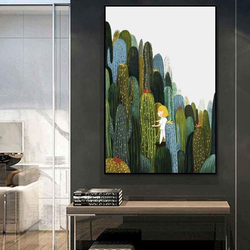 Girl and Cactus Wall Art Textured Contemporary Living Room Canvas Print in Soft Color Brown Clearhalo 'Art Gallery' 'Canvas Art' 'Contemporary Art Gallery' 'Modern' Arts' 1933297