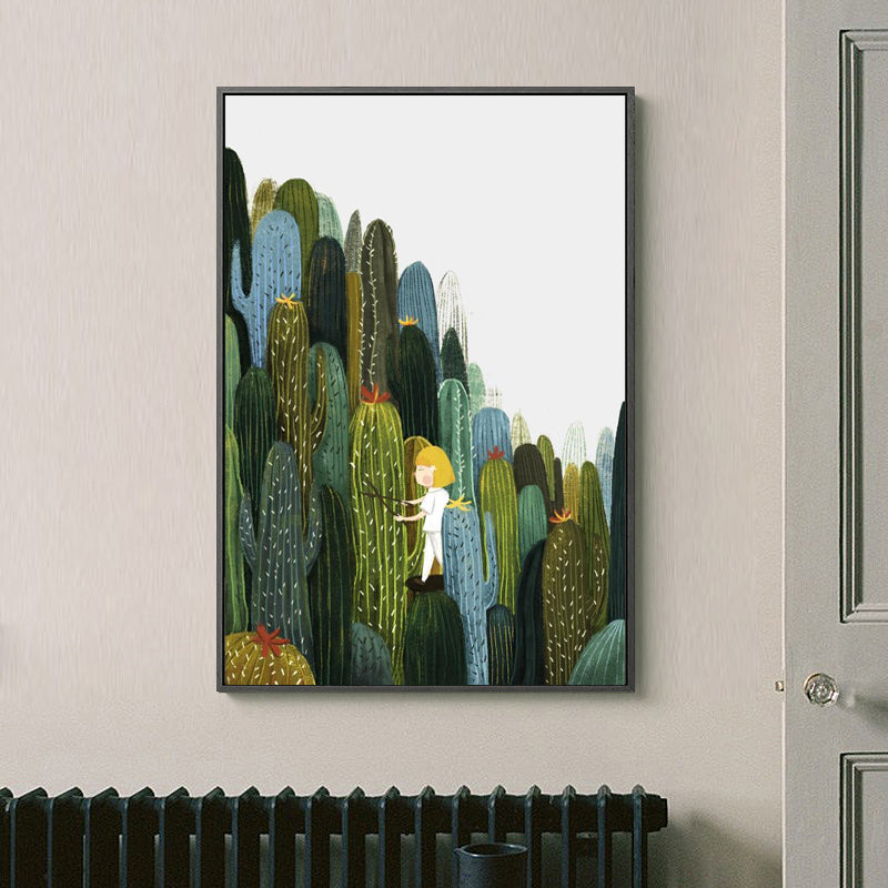 Girl and Cactus Wall Art Textured Contemporary Living Room Canvas Print in Soft Color Clearhalo 'Art Gallery' 'Canvas Art' 'Contemporary Art Gallery' 'Modern' Arts' 1933298