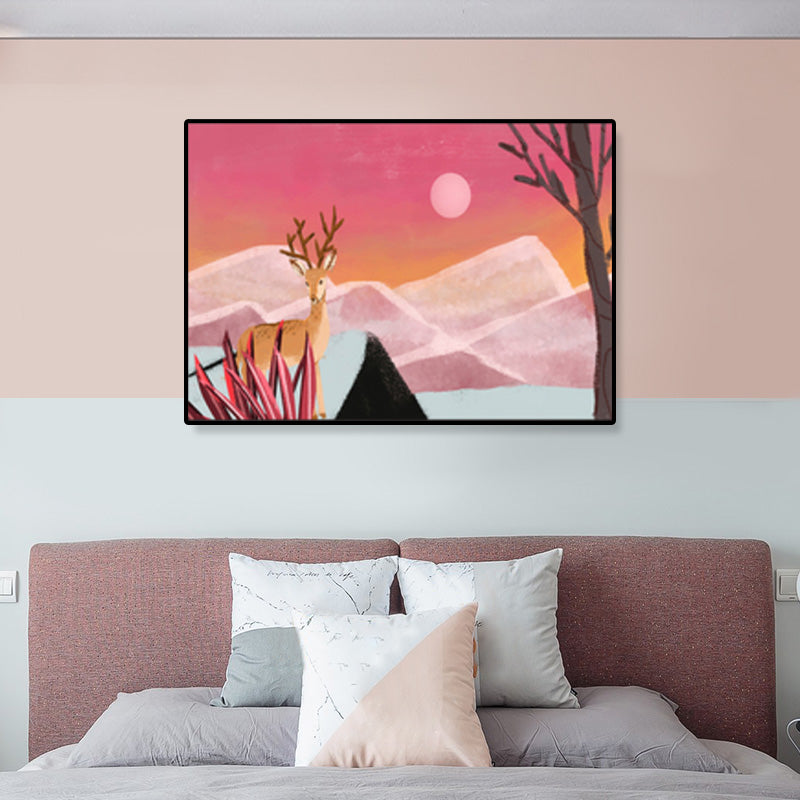 Soft Color Kids Wall Art Illustration Deer in the Late Night Forest Canvas Print for Bedroom Pink Clearhalo 'Art Gallery' 'Canvas Art' 'Kids' Arts' 1933374
