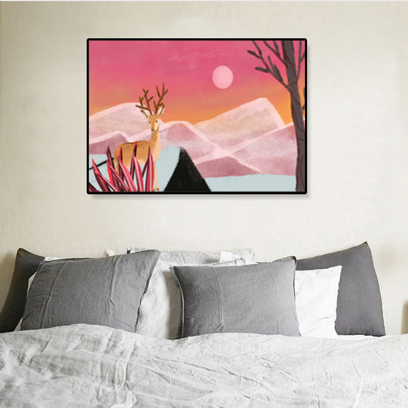 Soft Color Kids Wall Art Illustration Deer in the Late Night Forest Canvas Print for Bedroom Clearhalo 'Art Gallery' 'Canvas Art' 'Kids' Arts' 1933376
