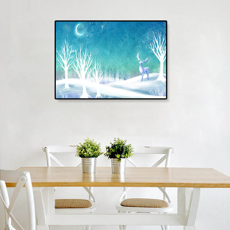 Soft Color Kids Wall Art Illustration Deer in the Late Night Forest Canvas Print for Bedroom Blue Clearhalo 'Art Gallery' 'Canvas Art' 'Kids' Arts' 1933382
