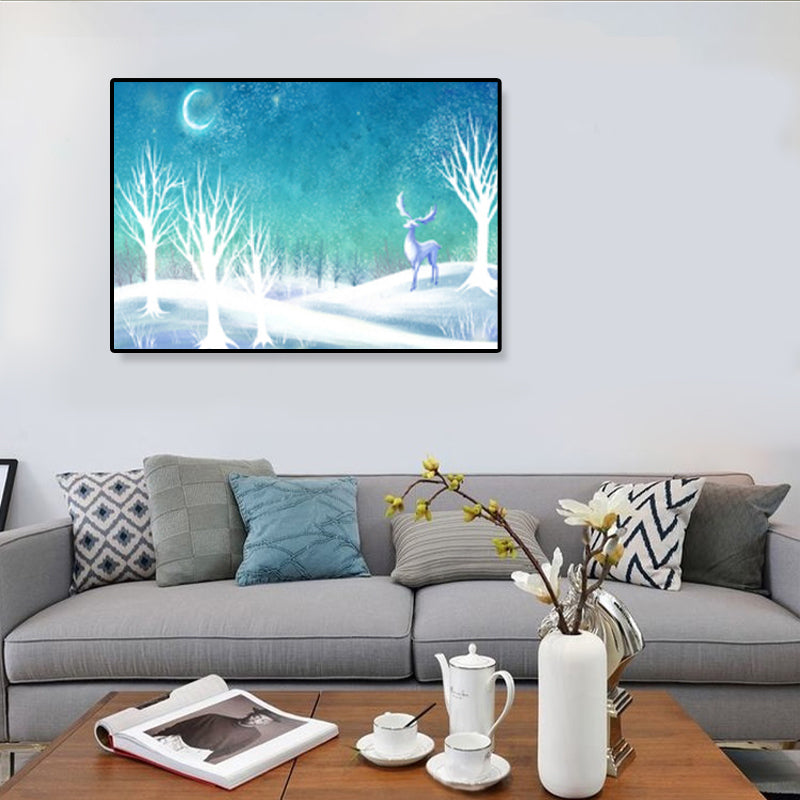 Soft Color Kids Wall Art Illustration Deer in the Late Night Forest Canvas Print for Bedroom Clearhalo 'Art Gallery' 'Canvas Art' 'Kids' Arts' 1933384