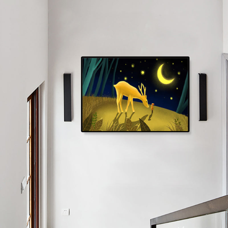 Soft Color Kids Wall Art Illustration Deer in the Late Night Forest Canvas Print for Bedroom Yellow Clearhalo 'Art Gallery' 'Canvas Art' 'Kids' Arts' 1933386