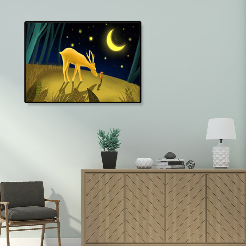 Soft Color Kids Wall Art Illustration Deer in the Late Night Forest Canvas Print for Bedroom Clearhalo 'Art Gallery' 'Canvas Art' 'Kids' Arts' 1933387