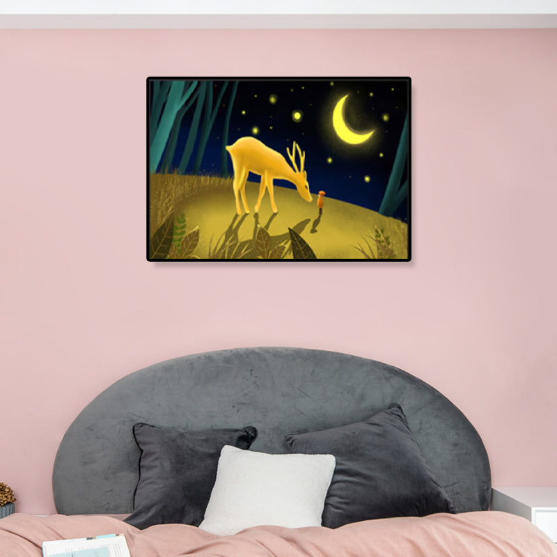 Soft Color Kids Wall Art Illustration Deer in the Late Night Forest Canvas Print for Bedroom Clearhalo 'Art Gallery' 'Canvas Art' 'Kids' Arts' 1933388
