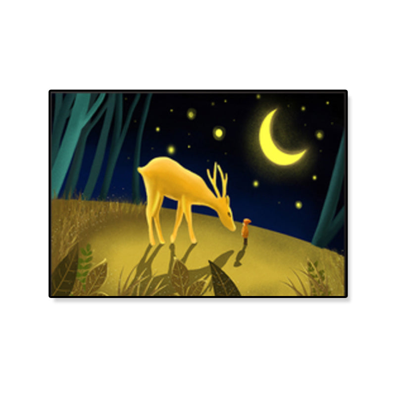 Soft Color Kids Wall Art Illustration Deer in the Late Night Forest Canvas Print for Bedroom Clearhalo 'Art Gallery' 'Canvas Art' 'Kids' Arts' 1933389