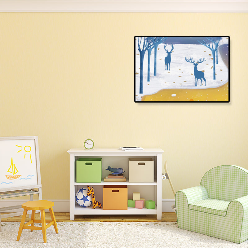 Soft Color Kids Wall Art Illustration Deer in the Late Night Forest Canvas Print for Bedroom Clearhalo 'Art Gallery' 'Canvas Art' 'Kids' Arts' 1933391
