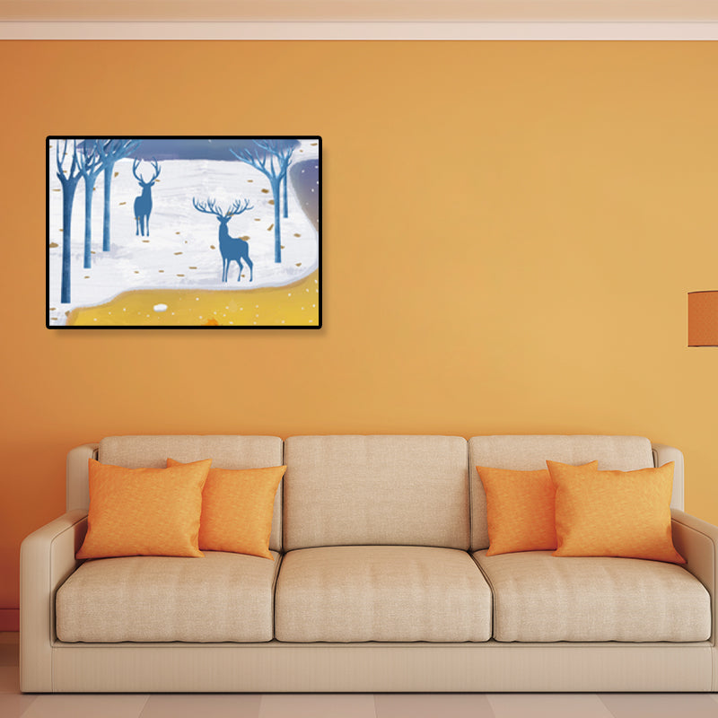 Soft Color Kids Wall Art Illustration Deer in the Late Night Forest Canvas Print for Bedroom Clearhalo 'Art Gallery' 'Canvas Art' 'Kids' Arts' 1933392