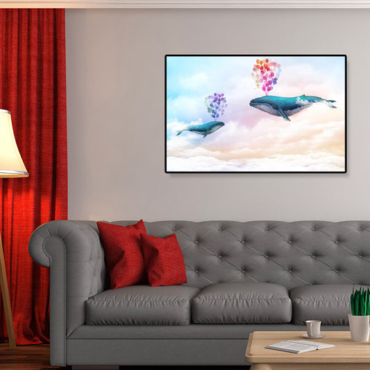 Dreamlike Flying Whales Canvas Art Childrens Bedroom Animal Wall Decor in Soft Color Clearhalo 'Art Gallery' 'Canvas Art' 'Kids' Arts' 1933434
