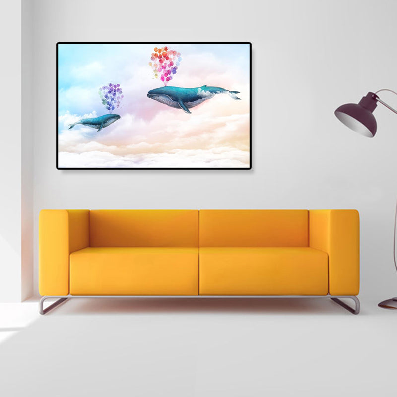 Dreamlike Flying Whales Canvas Art Childrens Bedroom Animal Wall Decor in Soft Color Clearhalo 'Art Gallery' 'Canvas Art' 'Kids' Arts' 1933435