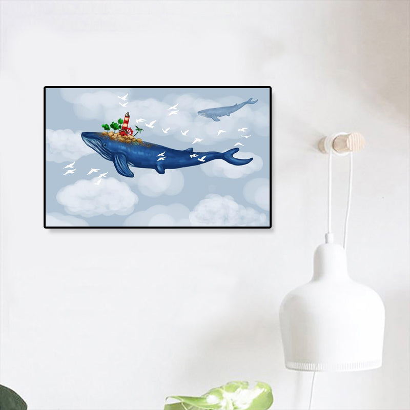 Dreamlike Flying Whales Canvas Art Childrens Bedroom Animal Wall Decor in Soft Color Sky Blue Clearhalo 'Art Gallery' 'Canvas Art' 'Kids' Arts' 1933440