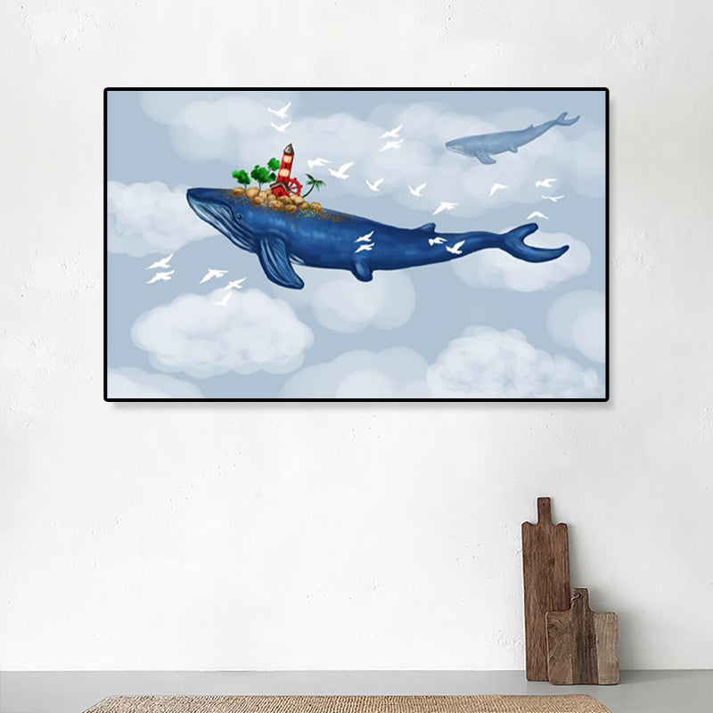Dreamlike Flying Whales Canvas Art Childrens Bedroom Animal Wall Decor in Soft Color Clearhalo 'Art Gallery' 'Canvas Art' 'Kids' Arts' 1933441