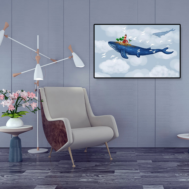 Dreamlike Flying Whales Canvas Art Childrens Bedroom Animal Wall Decor in Soft Color Clearhalo 'Art Gallery' 'Canvas Art' 'Kids' Arts' 1933442
