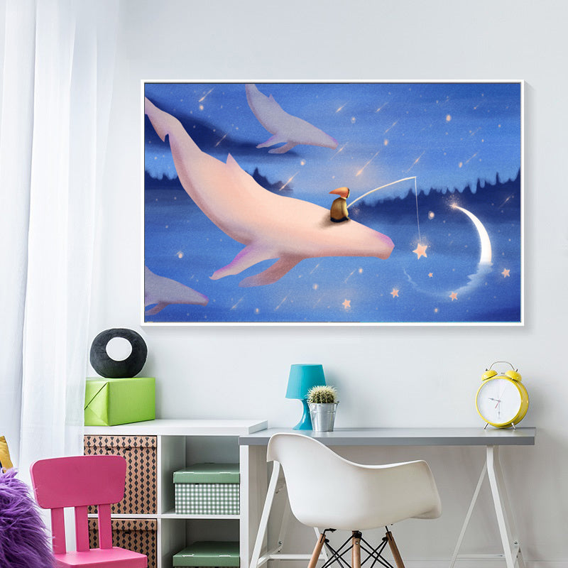Dreamlike Flying Whales Canvas Art Childrens Bedroom Animal Wall Decor in Soft Color Lake Blue Clearhalo 'Art Gallery' 'Canvas Art' 'Kids' Arts' 1933444
