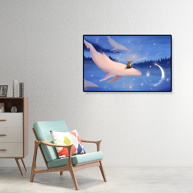 Dreamlike Flying Whales Canvas Art Childrens Bedroom Animal Wall Decor in Soft Color Clearhalo 'Art Gallery' 'Canvas Art' 'Kids' Arts' 1933445