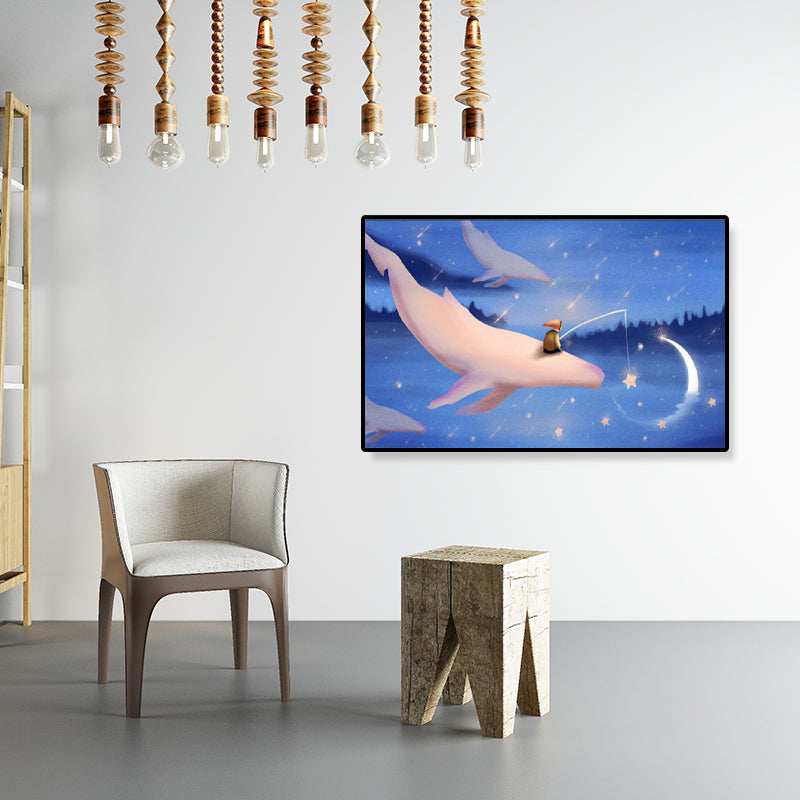 Dreamlike Flying Whales Canvas Art Childrens Bedroom Animal Wall Decor in Soft Color Clearhalo 'Art Gallery' 'Canvas Art' 'Kids' Arts' 1933446
