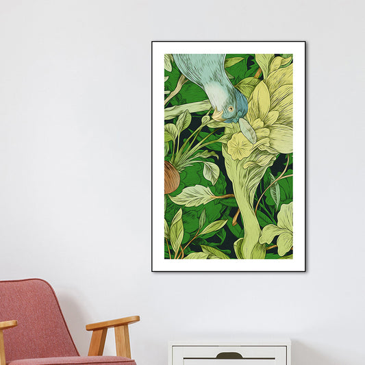 Green Childrens Art Wall Decor Illustration Bird and Flower Canvas Print for Dining Room Clearhalo 'Art Gallery' 'Canvas Art' 'Kids' Arts' 1933463