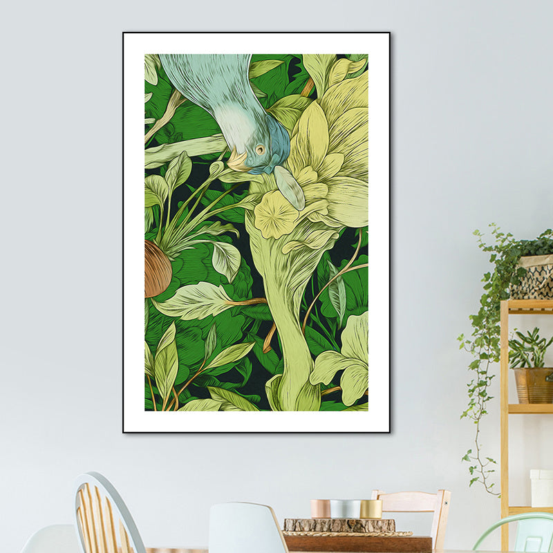 Green Childrens Art Wall Decor Illustration Bird and Flower Canvas Print for Dining Room Clearhalo 'Art Gallery' 'Canvas Art' 'Kids' Arts' 1933464
