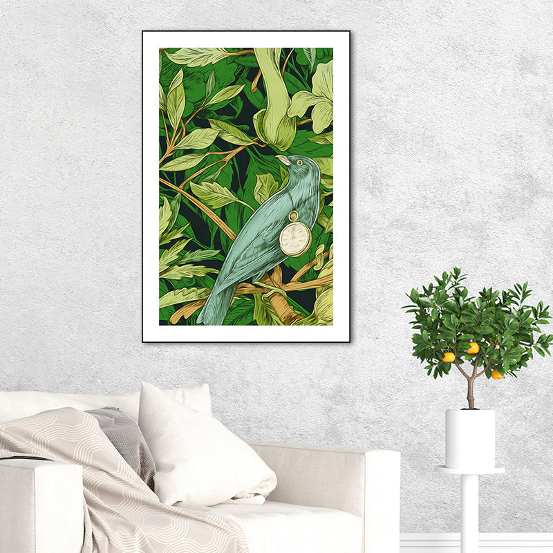 Green Childrens Art Wall Decor Illustration Bird and Flower Canvas Print for Dining Room Clearhalo 'Art Gallery' 'Canvas Art' 'Kids' Arts' 1933470