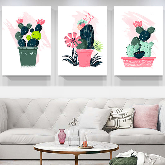 Cartoon Pot Cactus Canvas Pastel Color Textured Wall Art for Girls Bedroom Pink Clearhalo 'Art Gallery' 'Canvas Art' 'Kids' Arts' 1933473