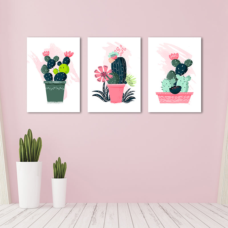 Cartoon Pot Cactus Canvas Pastel Color Textured Wall Art for Girls Bedroom Clearhalo 'Art Gallery' 'Canvas Art' 'Kids' Arts' 1933474