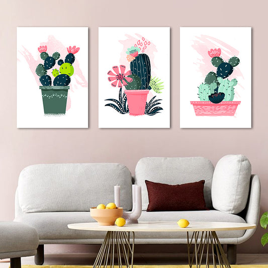 Cartoon Pot Cactus Canvas Pastel Color Textured Wall Art for Girls Bedroom Clearhalo 'Art Gallery' 'Canvas Art' 'Kids' Arts' 1933475