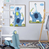 Elephant Canvas Wall Art Cartoon Cute Animal Pattern Wall Decor in Blue for Nursery Blue Design 1