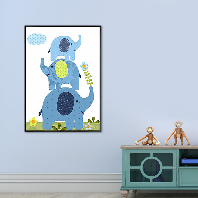 Elephant Canvas Wall Art Cartoon Cute Animal Pattern Wall Decor in Blue for Nursery Clearhalo 'Art Gallery' 'Canvas Art' 'Kids' Arts' 1933488