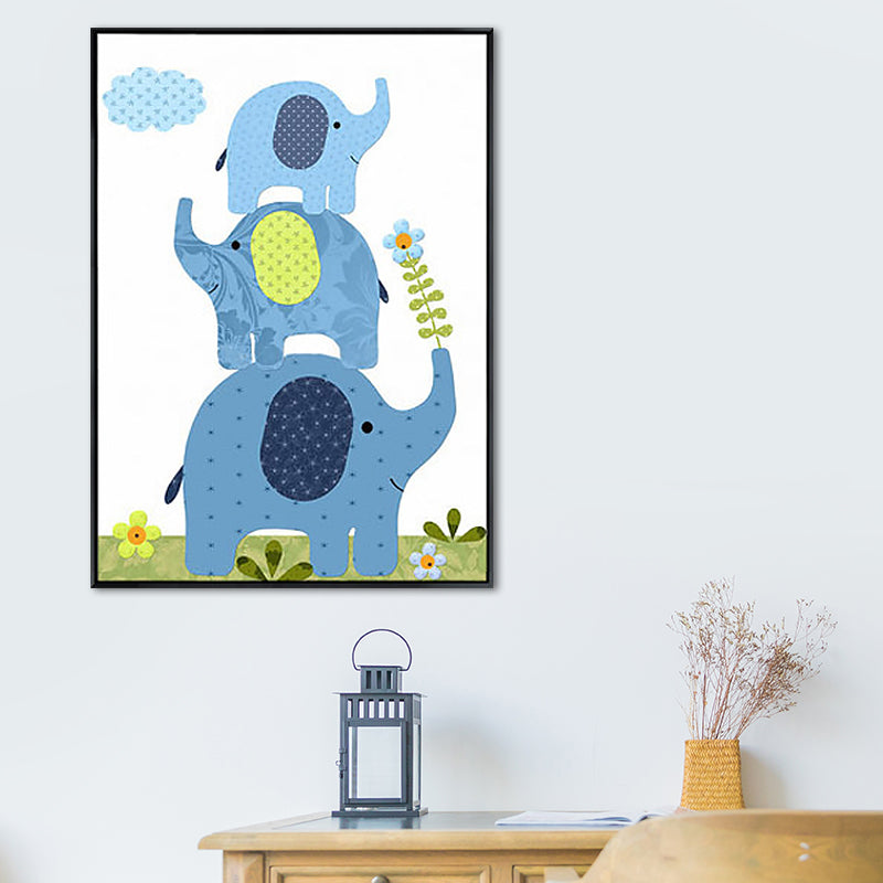 Elephant Canvas Wall Art Cartoon Cute Animal Pattern Wall Decor in Blue for Nursery Clearhalo 'Art Gallery' 'Canvas Art' 'Kids' Arts' 1933489