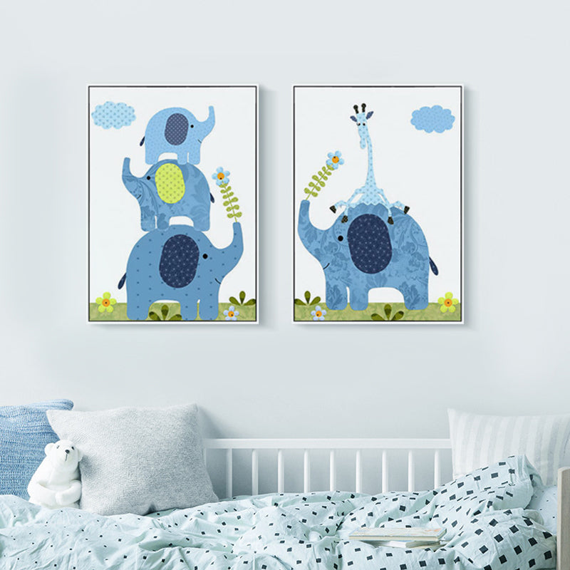 Elephant Canvas Wall Art Cartoon Cute Animal Pattern Wall Decor in Blue for Nursery Blue Design 2 Clearhalo 'Art Gallery' 'Canvas Art' 'Kids' Arts' 1933494