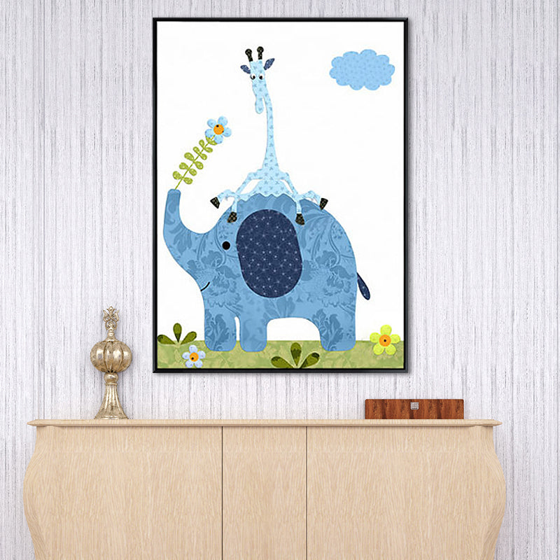 Elephant Canvas Wall Art Cartoon Cute Animal Pattern Wall Decor in Blue for Nursery Clearhalo 'Art Gallery' 'Canvas Art' 'Kids' Arts' 1933495